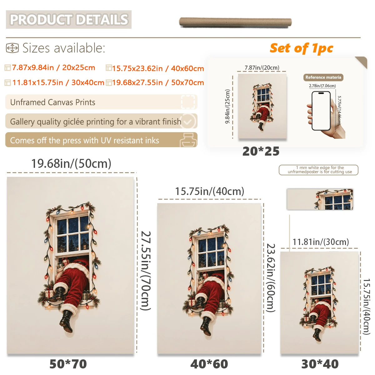 Size and feature guide for Santa window canvas showing dimensions, giclee print and unframed canvas