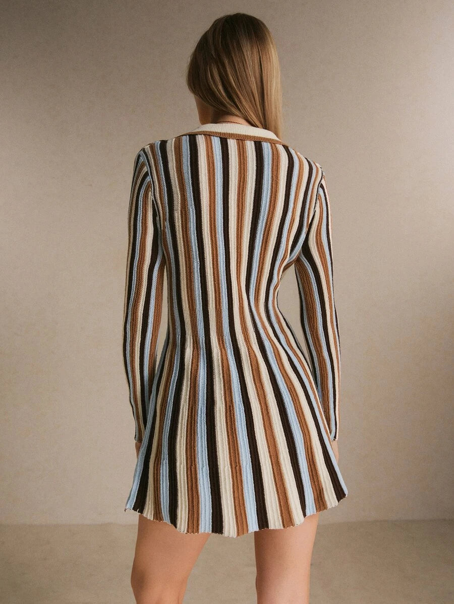 Back view showing the striped knit mini dress, long sleeves, shaped waist and flared hem
