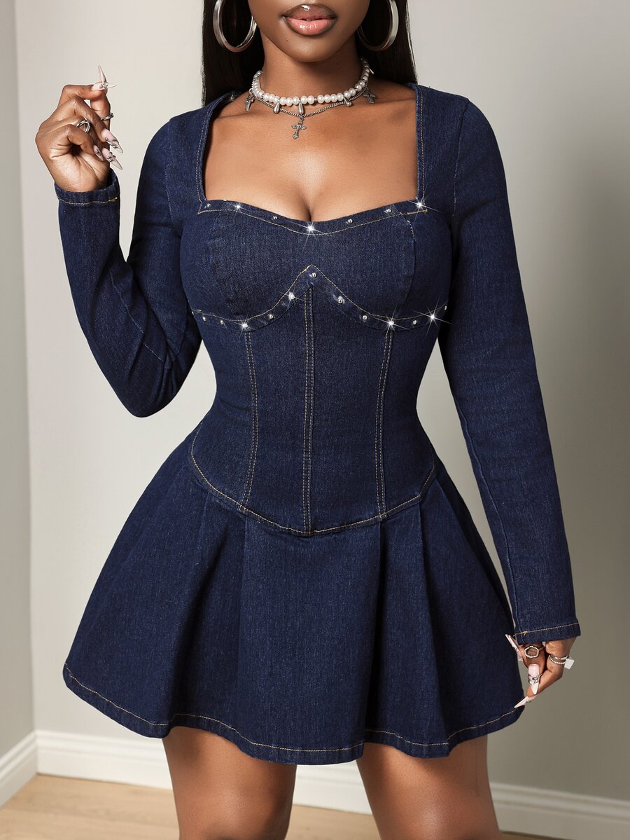 Beaded Sweetheart Neckline Long Sleeve Denim Dress for Chic Women's Fashion
