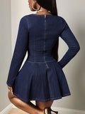 Beaded Sweetheart Neckline Long Sleeve Denim Dress for Chic Women's Fashion