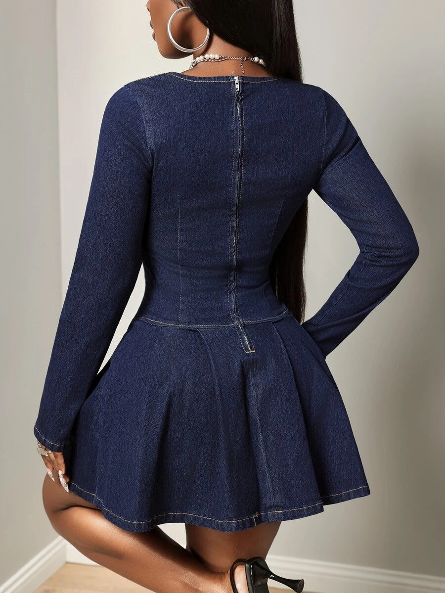 Beaded Sweetheart Neckline Long Sleeve Denim Dress for Chic Women's Fashion