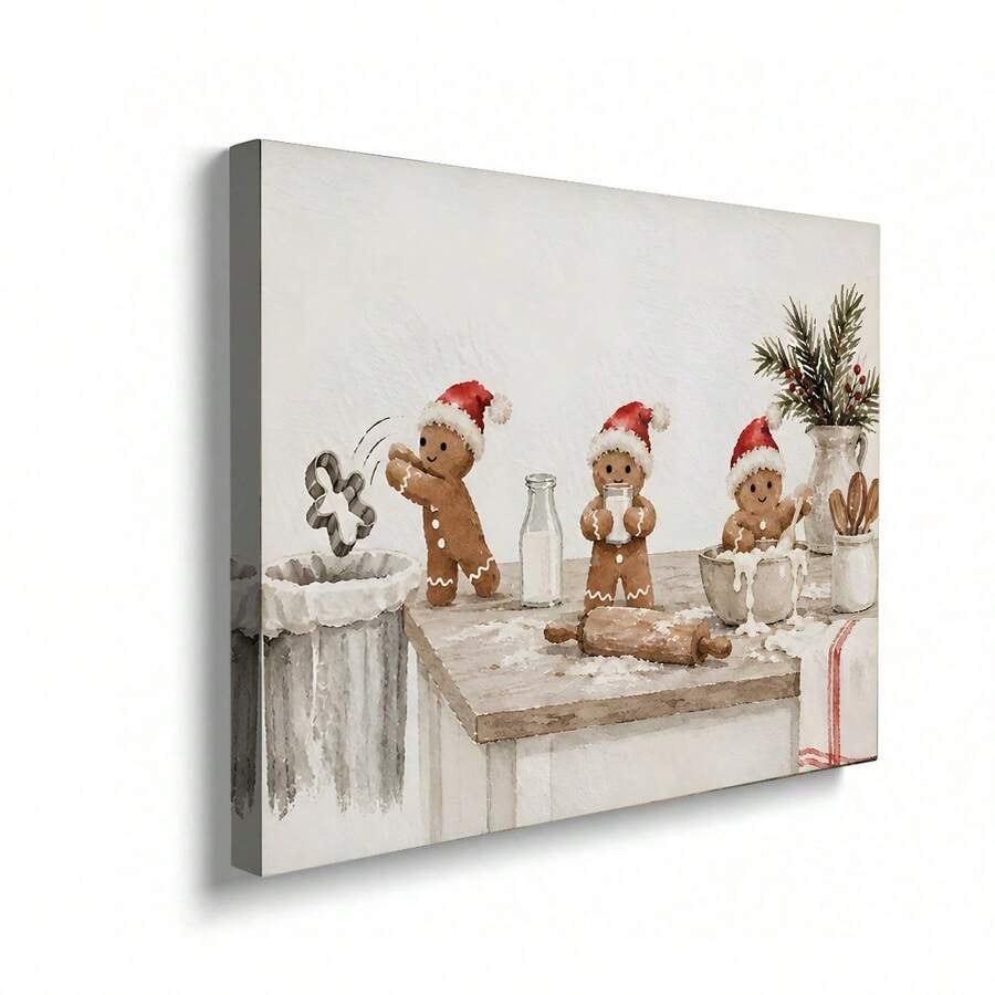 Funny Gingerbread Christmas Kitchen Wall Art, Vintage Holiday Baking Canvas Print 