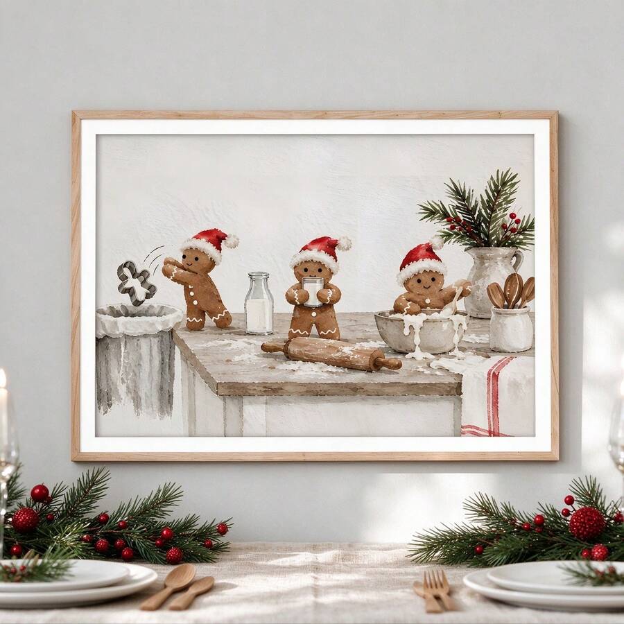 Funny Gingerbread Christmas Kitchen Wall Art, Vintage Holiday Baking Canvas Print 