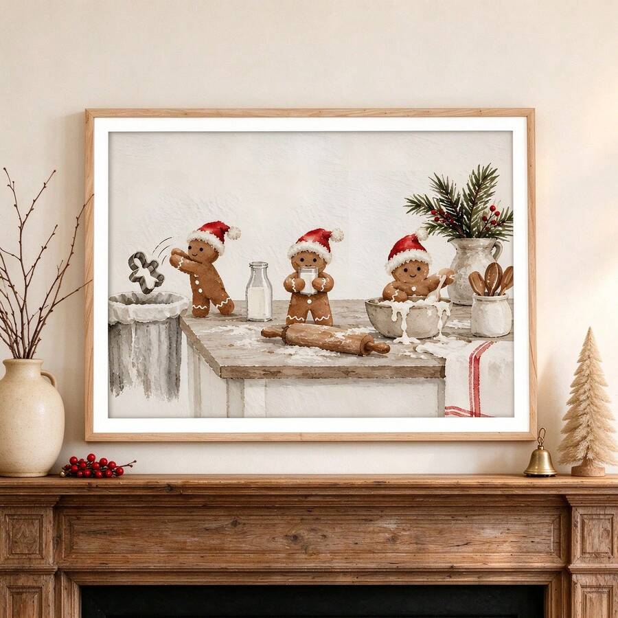 Funny Gingerbread Christmas Kitchen Wall Art, Vintage Holiday Baking Canvas Print 