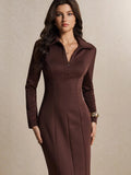 Front close-up of the chocolate brown long-sleeve fitted dress showing pointed collar, quarter zipper, fitted bodice, and paneled skirt