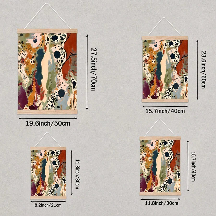 Size comparison diagram of abstract canvas art with wooden hanger rails in 21 by 30, 30 by 40, 40 by 60 and 50 by 70 cm formats