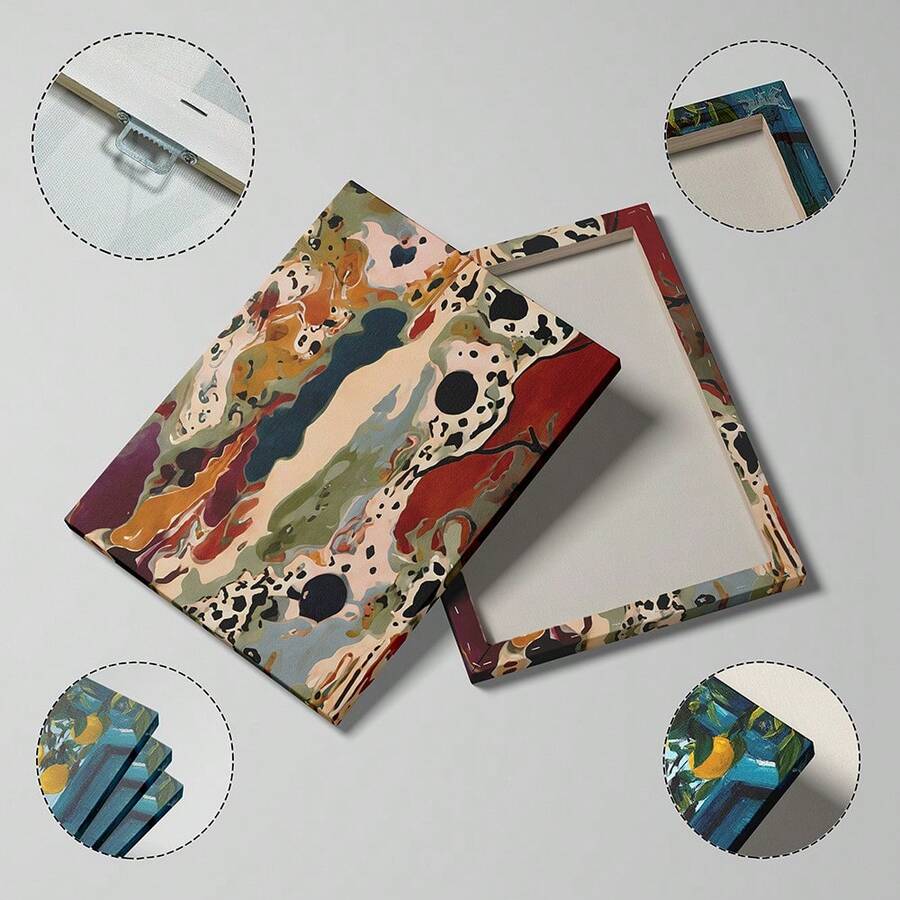 Front and reverse construction views of wrapped abstract canvas art with inset details of hanging hardware and stretcher edges