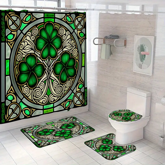 Green Clover Leaf Pattern Shower Curtain Set, Waterproof Shower Curtain With 12 Hooks