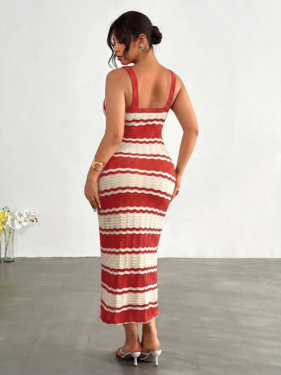 upper front view of colorblock striped sleeveless knit midi dress