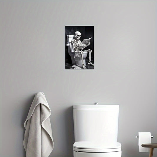 Silly Skull Bathroom Decor: Funny Canvas Wall Art of Skull Reading Newspaper on Toilet