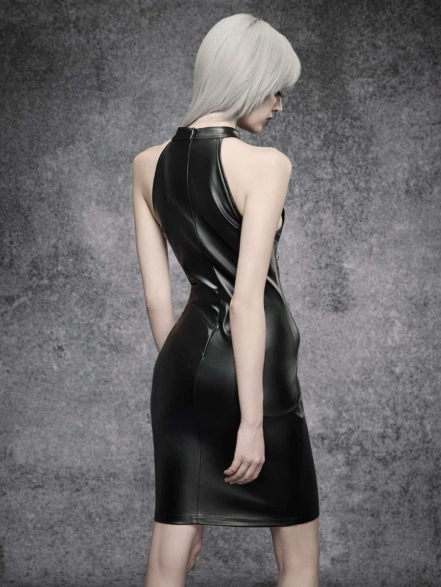Model wearing black PU gothic halter bodycon dress with lace-up grommet front and waist ring