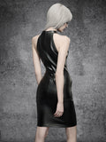 Back view of black PU halter knee-length bodycon dress