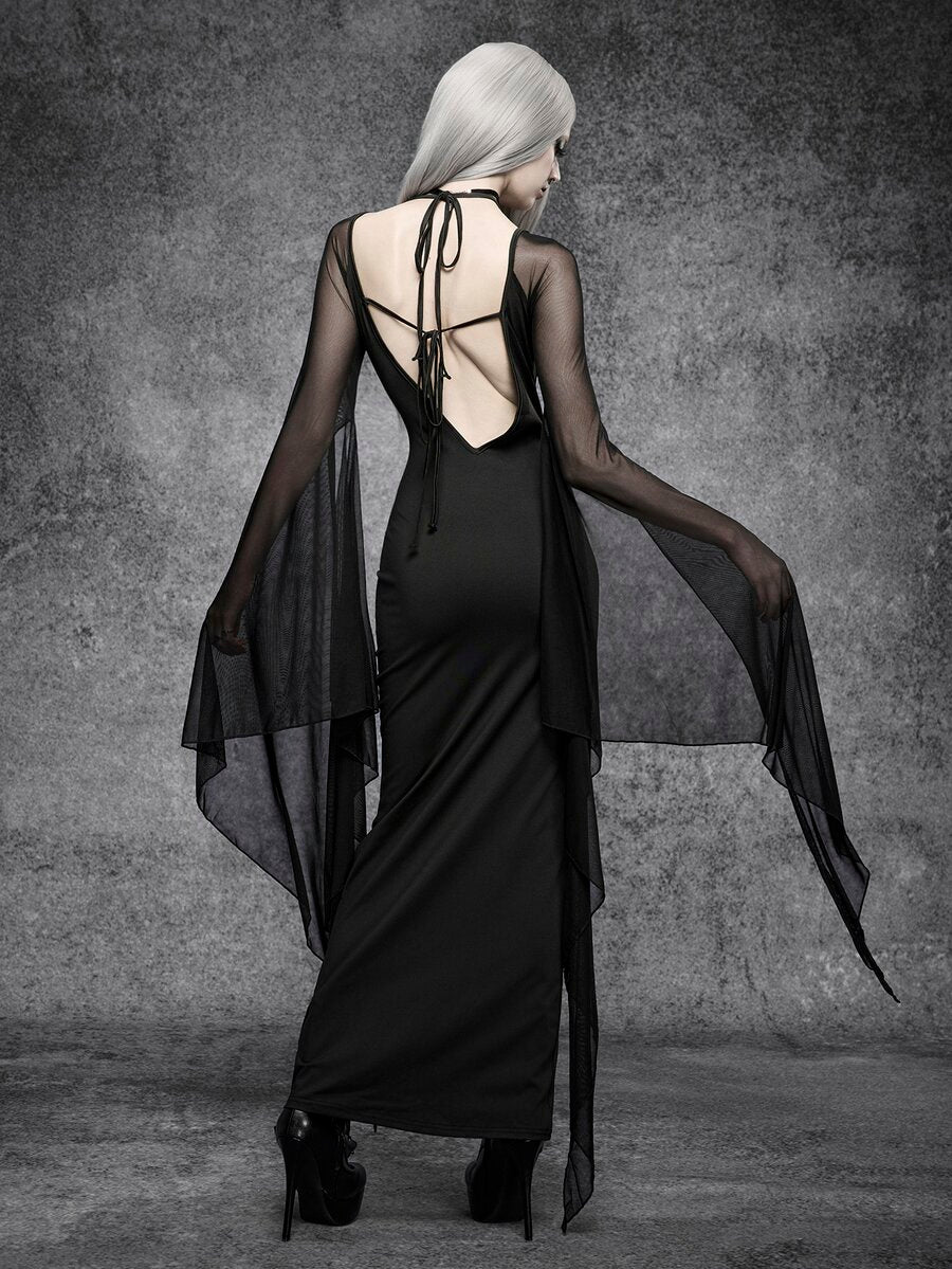 Back view of black mesh sleeve maxi dress with open tie-back detail