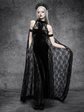 Full front view of black fitted velvet maxi dress with floral lace cape and side panels