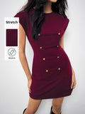 Burgundy Gold Napoleon Style Mini Dress with Buckle Detail for Office and Summer Events 