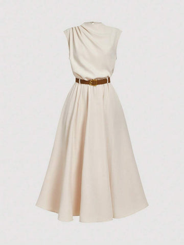 View 6 of belted high neck A-line midi dress with asymmetric shoulder drape, full skirt, back keyhole, removable belt, and gold buckle