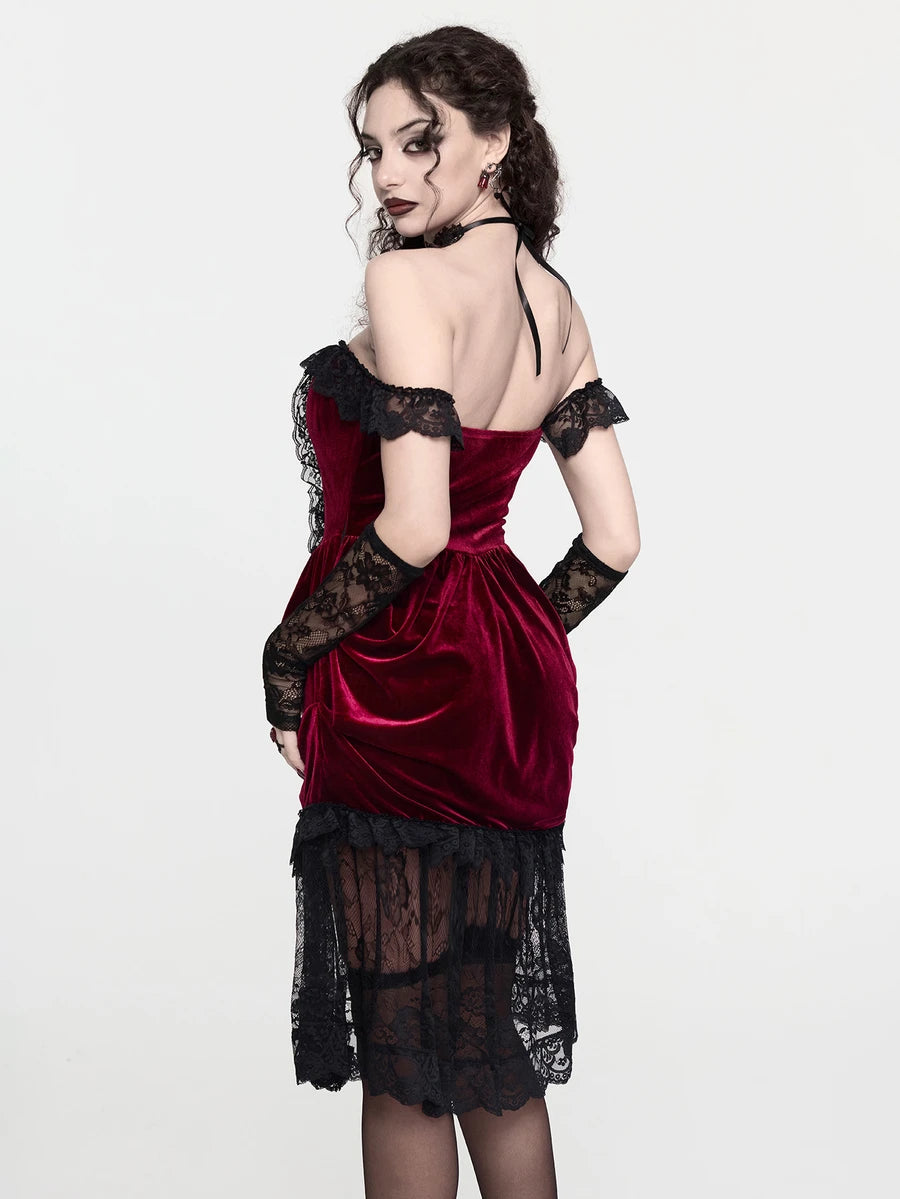 Front view of burgundy velvet off-shoulder gothic mini dress with black lace neckline and ribbon lacing