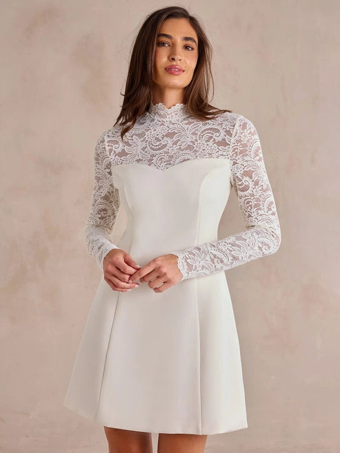 Ivory Lace Sleeve A-Line Mini Dress