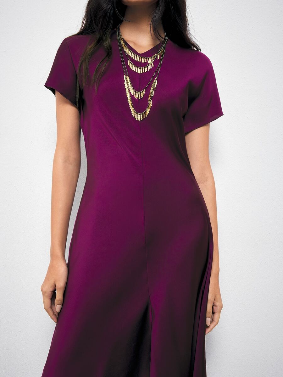 Elegant Plum Purple V Neck Maxi Dress with Dropped Shoulder Sleeves for Work and Summer