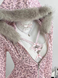 Close detail of pink leopard faux-fur trimmed zip-up hoodie