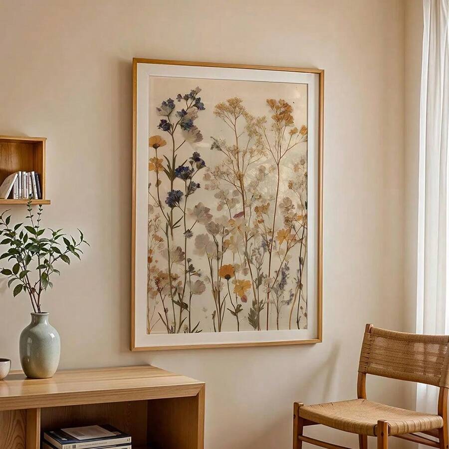 Straight-on room view of dried wildflower canvas art in a gold frame with white mat