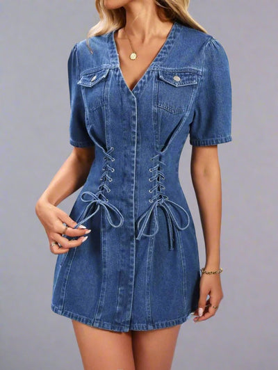 Lace-Up Front Denim Dress: Rock Your Style with this Trendy Denim Dress!