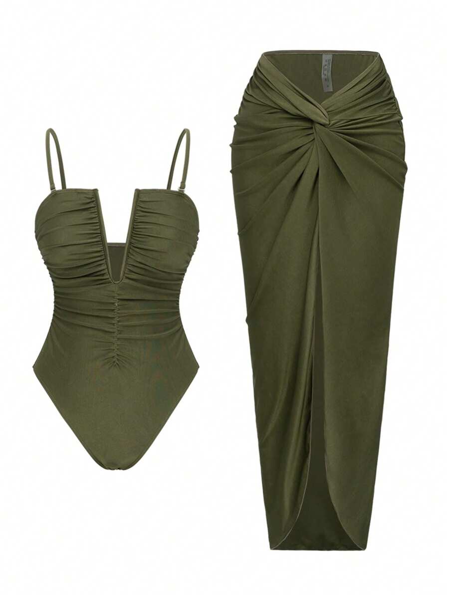 Make a splash this season with our stunning 2-piece beach set. The sexy V-neck ruched swimsuit flatters your figure with strategic gathering and a plunging neckline, while the lightweight beach dress layers effortlessly over your swimwear for versatile style. Perfect for poolside lounging, beach days, or resort getaways. Mix and match with confidence—this set delivers both glamour and comfort in one package.