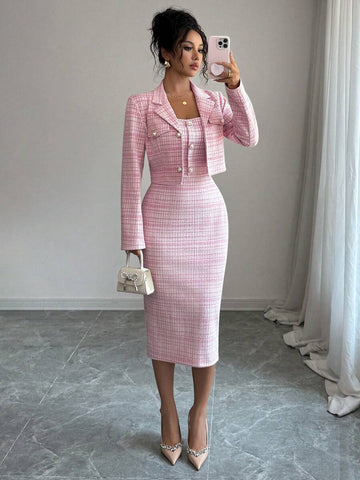 Back view of pink tweed blazer and fitted midi dress set