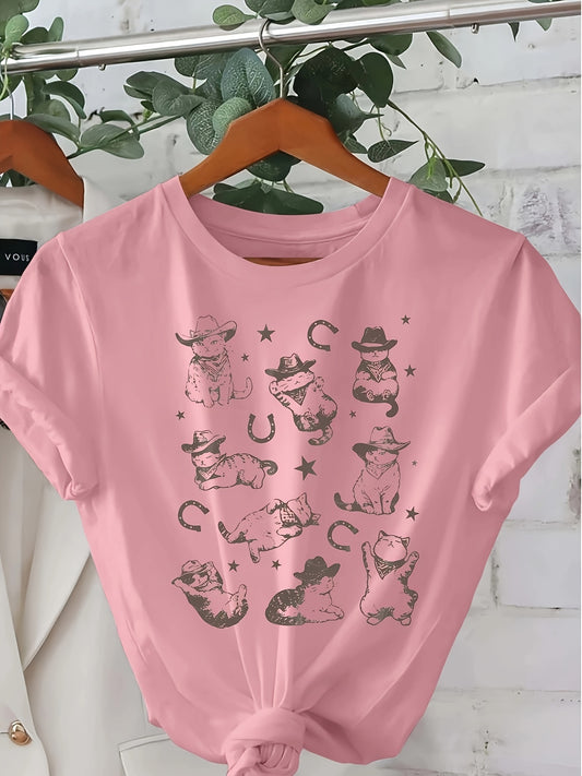 Feline Fabulous: Cat Print Short Sleeve Crew Neck Casual Tshirt for Women