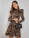 Chic Leopard Print Mock Neck Gigot Sleeve Dress - Statement Elegance