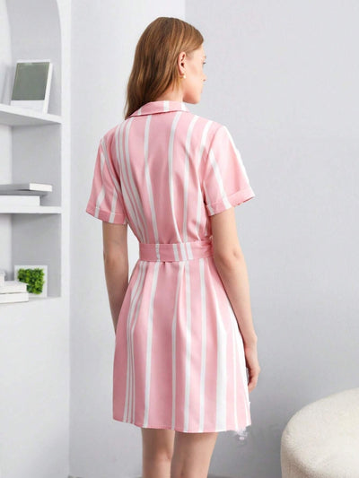 Elegant Striped Print Belted Shirt Dress: Perfect for Workwear