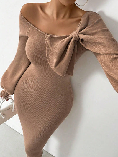 Chic and Cozy: Women's Asymmetrical Neck Bow Sweater Dress