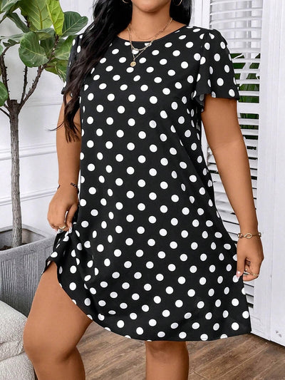 Chic & Playful Plus Size Summer Polka Dot Bubble Sleeve Dress with Bow Detail