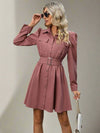 Flap Pocket Puff Sleeve Shirt Dress with Belt - The Perfect Blend of Style and Comfort