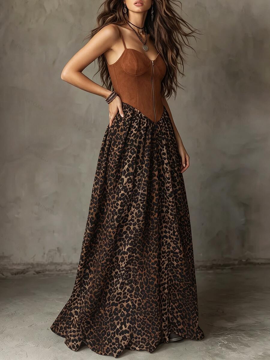 Angled full view of brown corset-style top and flared leopard-print skirt