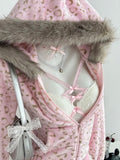 Close detail of blush leopard print faux-fur hooded hoodie