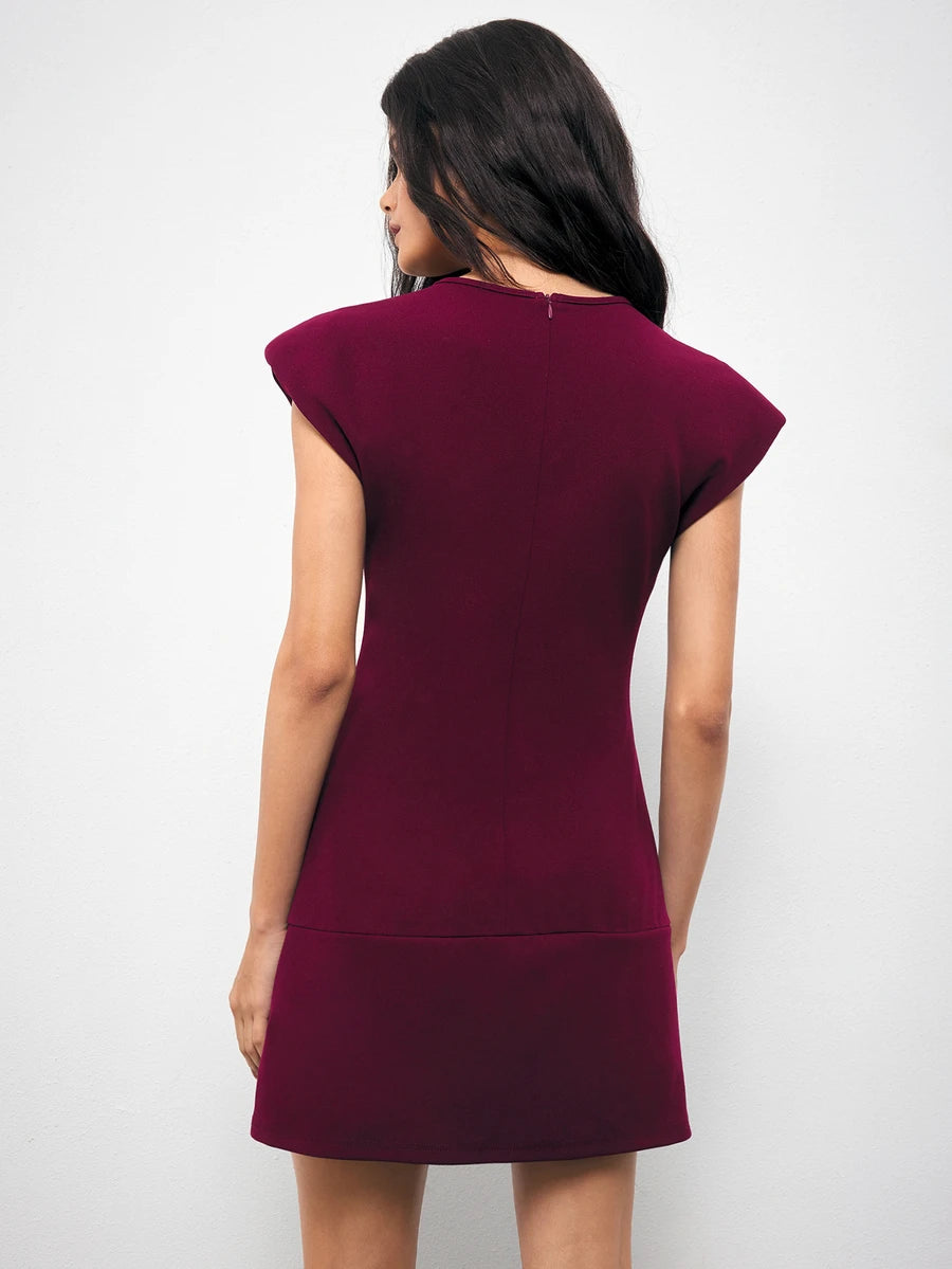 Burgundy Gold Napoleon Style Mini Dress with Buckle Detail for Office and Summer Events 