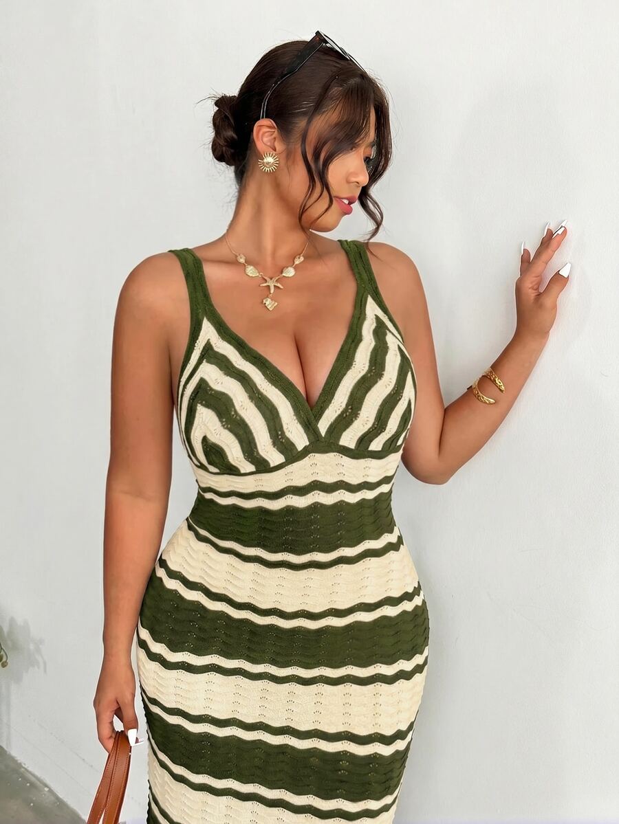 back full view of colorblock striped sleeveless knit midi dress