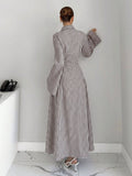 Elegant Pleated Waist Long Dress with Lapel Collar for Office & Brunch