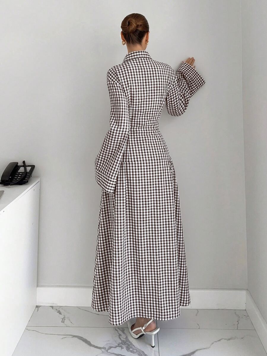 Elegant Pleated Waist Long Dress with Lapel Collar for Office & Brunch