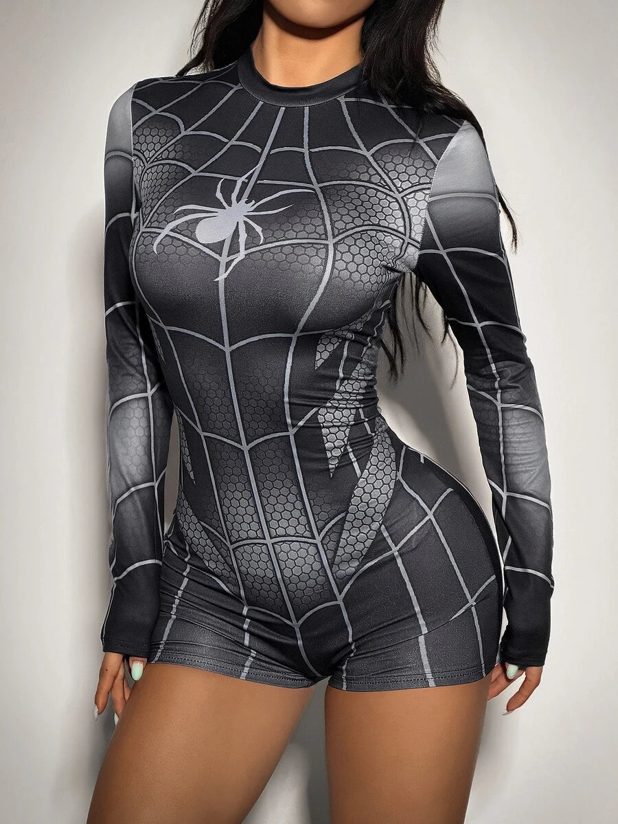 Close-up front view of black grey spider graphic and web print romper