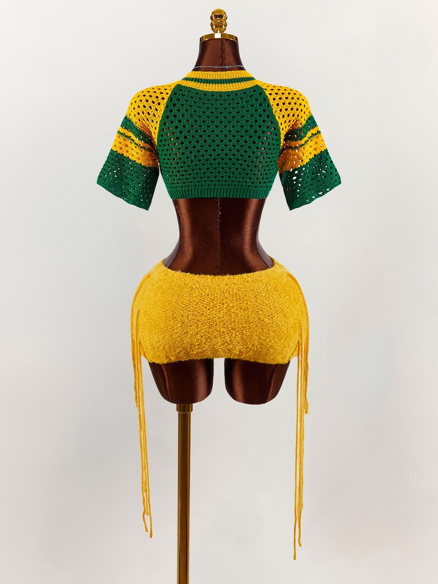 Back product view of green and yellow openwork knit crop top with yellow mini skirt