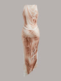 Back product view of rust brown tie-dye fitted maxi dress