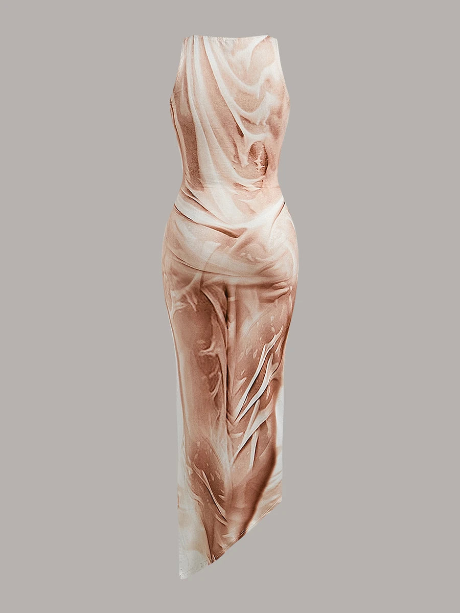 Back product view of rust brown tie-dye fitted maxi dress