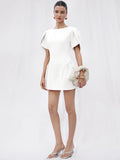 Full front view of white A-line mini dress with short puff sleeves
