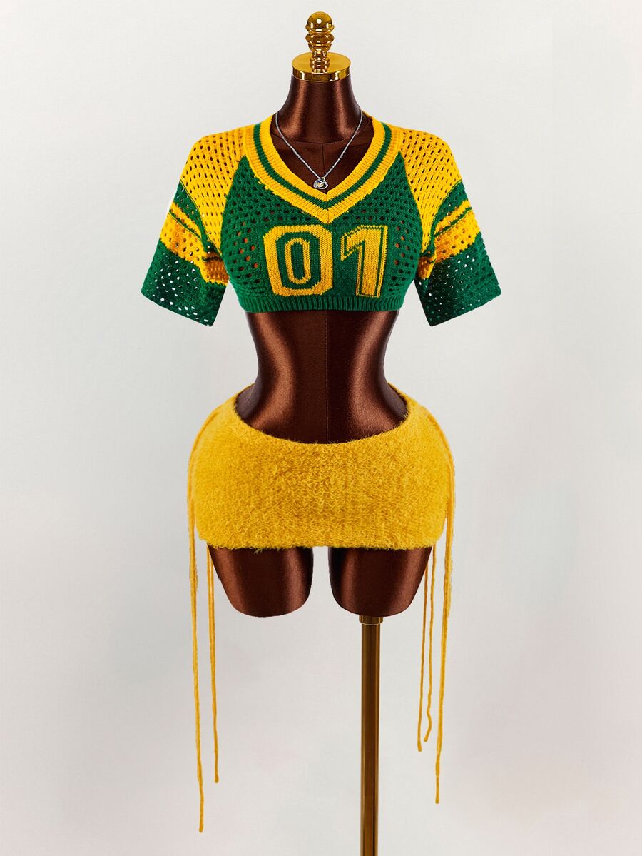 Front product view of green yellow numeric crop top and adjustable drawstring mini skirt set