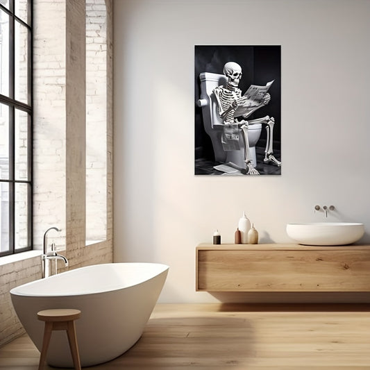 Silly Skull Bathroom Decor: Funny Canvas Wall Art of Skull Reading Newspaper on Toilet