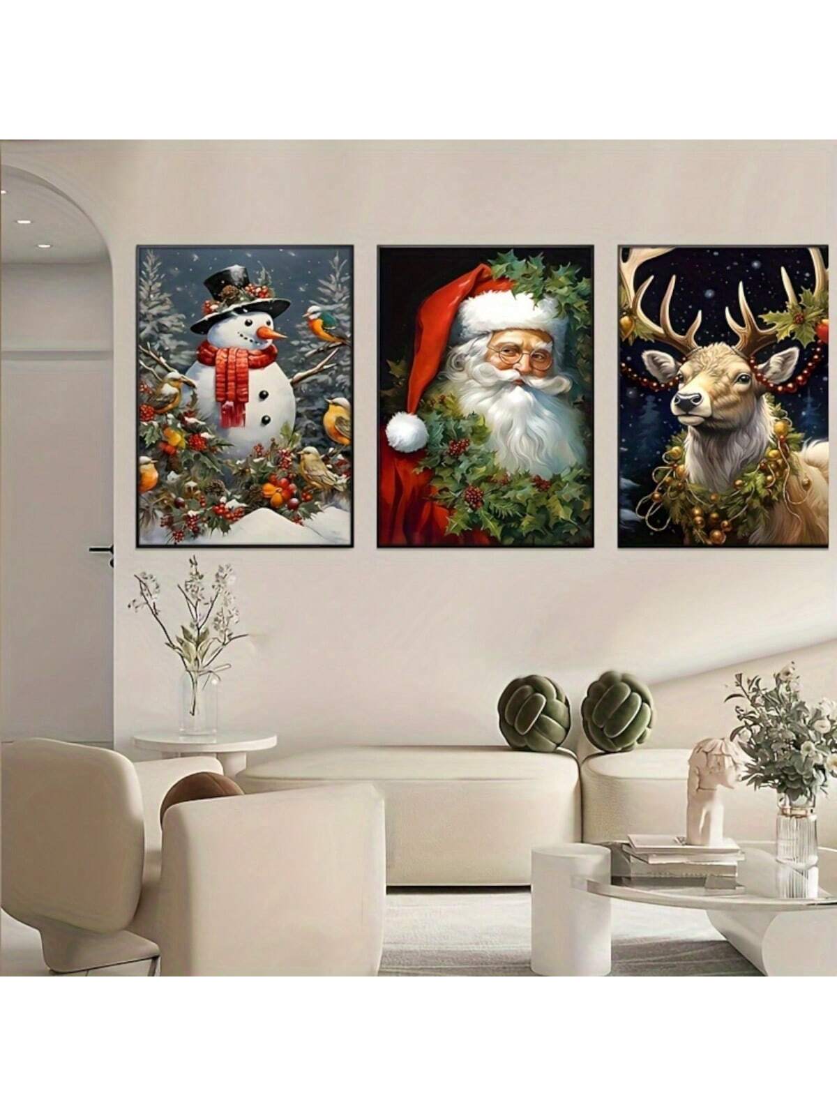 Enhance your holiday decor with our 3-piece Christmas canvas wall art set. These art deco posters feature festive prints of a snowman and reindeer, adding a touch of classic modern style to any room. Ideal for your home, office, classroom, or kitchen, these frameless art prints are a perfect addition to your indoor portrait paintings collection.