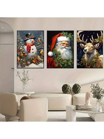 Enhance your holiday decor with our 3-piece Christmas canvas wall art set. These art deco posters feature festive prints of a snowman and reindeer, adding a touch of classic modern style to any room. Ideal for your home, office, classroom, or kitchen, these frameless art prints are a perfect addition to your indoor portrait paintings collection.