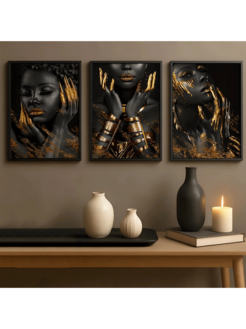 Elevate your space with this 3-piece wall art set featuring chic black and gold portraits of elegant African American women. Perfect for adding a touch of sass and style, these modern prints bring personality and vibrant charm to any room. Whether you’re refreshing your living room or accentuating your bedroom, this set makes your walls speak volumes—with flair!